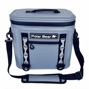 Grey cooler bag by Polar Bear Coolers with a black shoulder strap, top handle, and front logo.