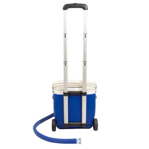 A blue and white 16-quart cooling reservoir by Polar Products, back view, with a telescoping handle, wheels, and a blue hose.