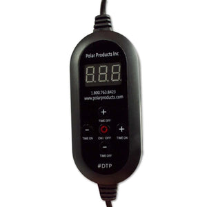Black programmable digital timer by Polar Products with an 8.8.8. LED display, contact information, and control buttons.