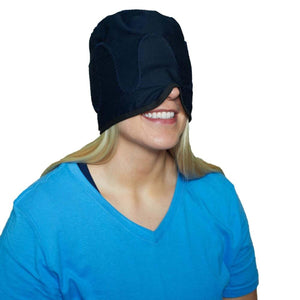 Black extended head cap by Polar Products, worn by a smiling woman, covering her eyes and forehead.