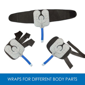 Gray U-shaped cold therapy pads by Polar Products with bumpy texture, blue hoses, and black elastic Velcro belts in three variations.