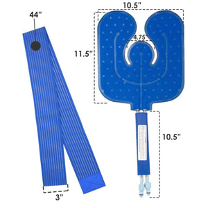 Blue U-shaped cold therapy pad by Polar Products, measuring 10.5x11.5 inches, with a 3x44 inch blue elastic belt.