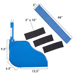 Blue foot and ankle cold therapy system by Polar Products, with a contoured pad, a 3x44 inch blue corrugated strap, and three 3x10 inch black straps.