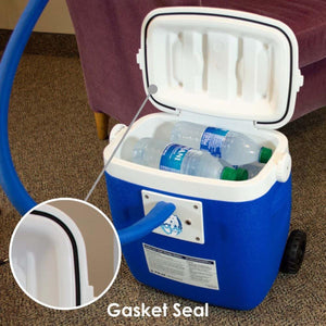 Blue and white cooling reservoir by Polar Products with open lid showing water bottles and a highlighted gasket seal.