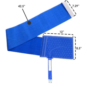 Blue cold therapy lumbar and hip pad by Polar Products, featuring a textured pad and long strap with visible dimensions.