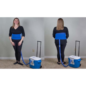 Blue lumbar and hip cold therapy system by Polar Products, worn by a woman and connected to a wheeled cooler.