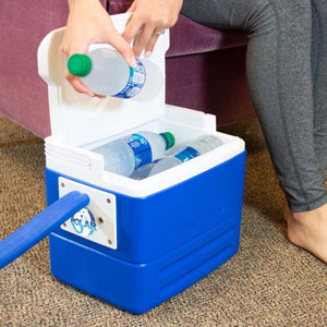 Blue 9-quart cold therapy system reservoir from Polar Products, being filled with water bottles, featuring a blue hose and brand logo.
