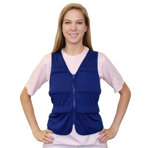 Blue padded cooling vest by Polar Products with a zipper closure, worn by a smiling woman over a pink t-shirt.