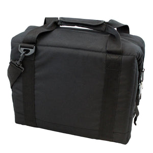 Black pack in sleeve by Polar Products for a Toddler Stroller Seat, a soft-sided bag with a top handle and a detachable shoulder strap, viewed from the side.