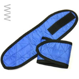 Blue quilted evaporative wrist wraps by Polar Products with black trim, one long with hook-and-loop closure and one shorter folded.