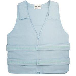 Light blue adjustable cooling vest with front zipper by Polar Products, featuring shoulder pads and side straps.