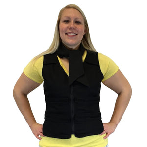 Black adjustable cooling vest by Polar Products with a front zipper, multiple pockets, and a black necktie, worn over a yellow tee by a smiling woman.