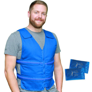 Blue adjustable front zipper cooling vest by Polar Products worn by a man, with two cooling gel packs.