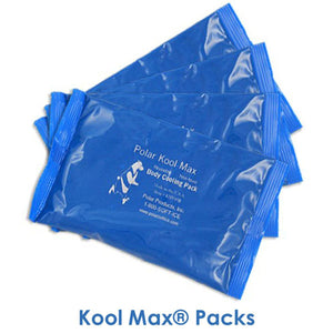 Blue cooling gel packs by Polar Products, stacked, with 'Polar Kool Max Body Cooling Pack' text.