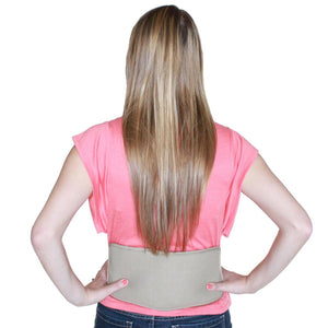 Beige torso wrap by Polar Products worn on a woman's lower back, shown from the rear.