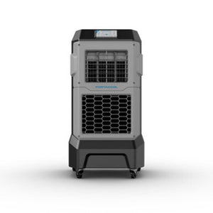Grey and black evaporative cooler by Portacool with front grilles, a top control panel, and casters.