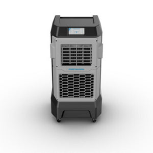 Black and grey evaporative cooler by Portacool, with front grilles, a control panel, and wheels.