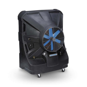 Black evaporative cooler by Portacool, with blue fan blades, a metal grille, and casters, shown at an angle.