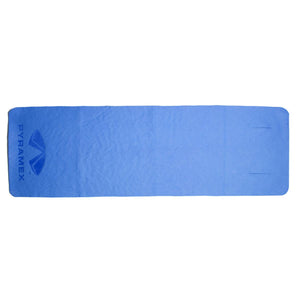 Blue cooling towel wrap by Pyramex Safety, unfolded with a logo and two horizontal indentations.