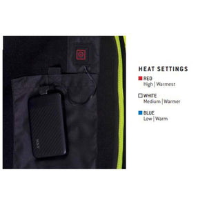 Heated Hi-Vis Lime Bomber Jacket by Pyramex Safety, cropped to show power bank, control button, and heat settings.