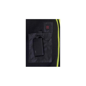 Heated Hi-Vis Lime Bomber Jacket by Pyramex Safety, showing its black interior pocket with a power bank and red heating control button.