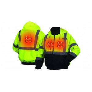 Heated Hi-Vis Lime Bomber Jacket by Pyramex Safety, with glowing orange heat elements on the back and front, featuring reflective bands and a black lower half.