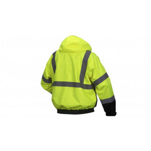 Hi-Vis Lime Bomber Jacket by Pyramex Safety with reflective grey stripes, black cuffs and hem, shown from the back.