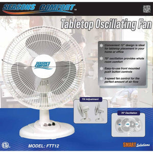 White Seasons Comfort 12-inch oscillating table fan by World Marketing, showing tilt adjustment, 70-degree oscillation, and front-mounted controls.