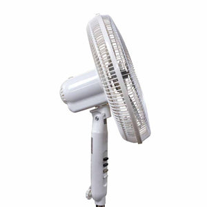 White 16-inch oscillating fan by World Marketing with a visible pedestal stand and control buttons, shown from the side.