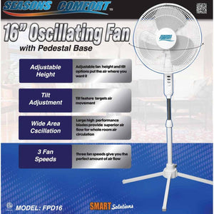16 inch white oscillating fan with a pedestal base by World Marketing, showing control buttons on its stem.