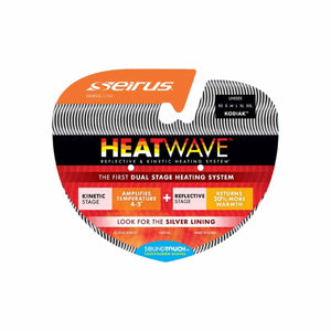 Mittens hang tag by Seirus, featuring Heatwave and Soundtouch branding against a striped, multi-colored background.