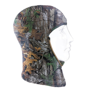 Realtree Xtra camouflage balaclava by Seirus on a clear mannequin head, side view.