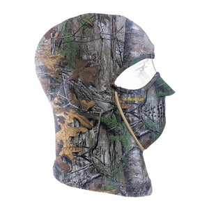 Camouflage balaclava by Seirus with an eye opening and vented face mask, featuring a Realtree pattern, side view.