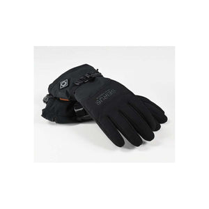 Black heated gloves by Seirus with "HEAT TOUCH" text, adjustable wrist straps, and a power button on the cuff.