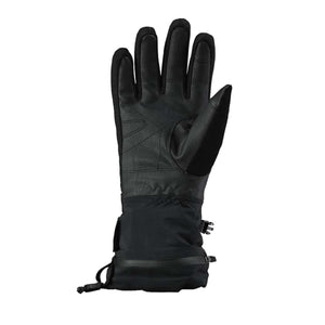 Black heated glove by Seirus, featuring a textured leather palm, fabric cuff with zipper, and adjustable wrist strap.