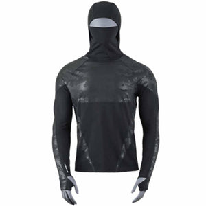 Black men's base layer hoodie top with a built-in balaclava by Seirus, featuring body-mapped hexagonal patterns and thumbholes.