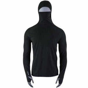 Black quick hoodie base layer top by Seirus, with an integrated face mask and thumbholes.