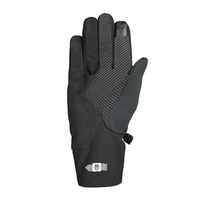 Black glove by Seirus with textured diagonal stripes on the palm, touchscreen fingertips, an adjustable cuff, and a logo at the wrist.