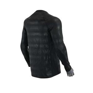 Black long sleeve top by Seirus featuring a subtle chevron pattern, shown from the back on a mannequin.