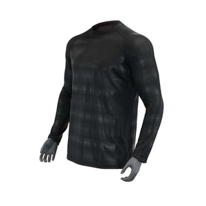 Black men's long sleeve top by Seirus, with a textured chevron pattern, raglan sleeves, and a crew neck, displayed on a mannequin.