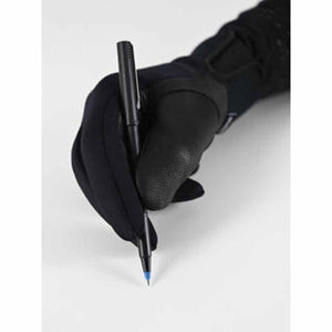 Black, textured all-weather gloves by Seirus, on a hand holding a black pen with a blue tip.