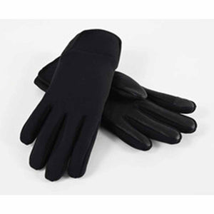 Black gloves by Seirus, one with a matte fabric back, the other revealing a smooth palm, casually crossed.