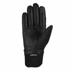 Black leather and fabric men's gloves by Seirus, with an elastic wristband, shown palm-side up.