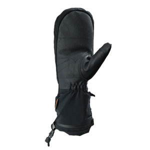 Black heated mittens by Seirus, featuring a leather-like palm with stitching, a fabric cuff, and an adjustable drawstring.