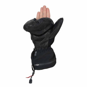 Black convertible mitten by Seirus with exposed fingers, a leather upper, fabric cuff, and wrist zipper pocket.
