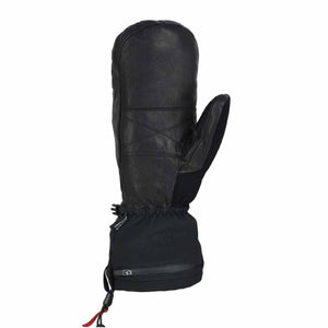 Black leather and fabric Magne Mittens by Seirus with a stitched X pattern on the back, elasticated cuff, and zipper pocket.