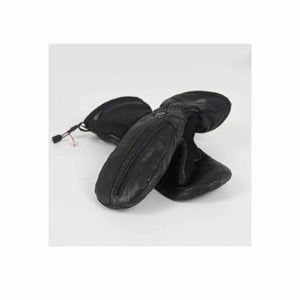 A pair of black heated mittens by Seirus, featuring a zipper pocket and drawstring closure.