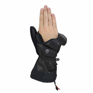 Black heated Magne Mitten by Seirus, with a bare hand extending from the cuff, paw print button, and adjustable wrist strap.