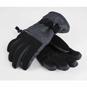 A pair of dark gray and black gloves by Seirus with heathered cuffs, black reinforced palms, and an adjustable wrist strap.
