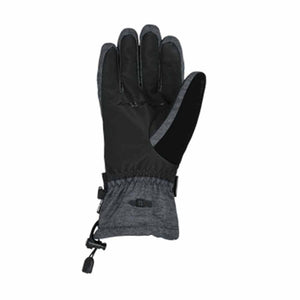 Black and grey women's gloves by Seirus, showing the back of the left hand with an adjustable heathered cuff.